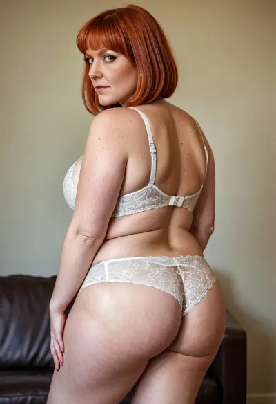 Cute, short, curvy, chubby mature, nude, wide hips, big round ass, redhead, freckles, straight cut bangs, bob cut hair, white lace underwear, full body in view, side view, xbmyr, photo, style, large, breasts, big, boobs, huge, tits, <lora:brasilGPv1:1.5>, <lora:bombshell_v2:.6>