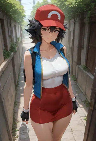 masterpiece, best quality, absurdres, newest, highres, very aesthetic, 1girl, solo, mature female, adult, ash ketchum, (pokemon), genderswap, short black hair, messy hair, spiked hair, brown eyes, beautiful detailed eyes, red and white baseball cap, green underside of hat, blue sleeveless jacket, white undershirt, red skirt, black fingerless gloves, sneakers, athletic body, slim waist, medium breasts, toned thighs, standing, looking at viewer, slight smile, outdoors, pokemon style, detailed face, detailed eyes, intricate details