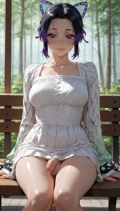 (beautiful realistic face, Shinobu Kochou from Demon slayer, short hair, soft, young, 25 years old, tiny sissy femboy:1.4), (wearing sexy white satin dress), 18yo, (small medium breasts), submissive, perfect, horny, curvy, flaccid penis, precum, (big balls), flaccid, penis leaking cum from tip, large breasts, beautiful happy face, seductive expression, pale skin, sitting on a bench outside, submissive pose, blurry greenery in background, background blur
