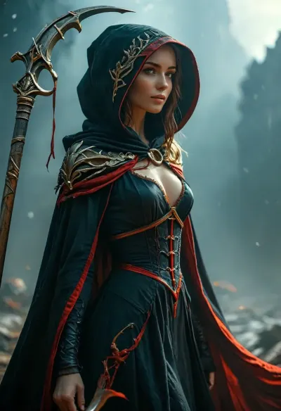 (Dark Fantasy Artwork), low angle, a illustration, with bold expressive lines, shading. colored lines. 40 yo. death, occult, armageddon, cruel, eerie, ancient large scythe, hot dress, cloak, hood, natural beauty, /KlTTY-ART/, <lora:COMFYUI_mimic_landscape_-_XL_SDXL v2.0:.1>, <lora:attractive_notrigger:.1>, <lora:MJ52:.1>, <lora:flat_chested_v3.5:.1>