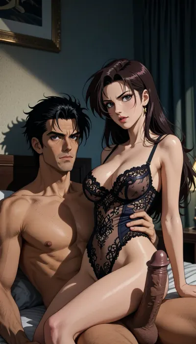 A 1990s Japanese anime cel screenshot from a hardboiled crime series. Traditional 2D hand-drawn artwork in the signature style of City Hunter, featuring elegant character designs with elongated, sculpted faces, sharp features, and highly expressive eyes with strong catchlights. Crisp, clean linework enhanced by ultra-precise contemporary digital inking, the scene centers on the theme "What's going on in a hotel room?"

The vintage 1990s anime aesthetic is elevated by intense, high-contrast cast shadows, creating a dark, nocturnal atmosphere. Dramatic retro cel shading with precise sharp-edged shadow lines and vivid specular highlights on hair and eyes, capturing the authentic hand-painted aesthetic of peak 1990s anime production. A saturated yet dark color palette, typical of retro late-night action series. Pure 2D rendering, blending vintage cel-animation nostalgia with the modern digital clarity of the 2020s. Feature-film animation quality, 8K resolution.

A strong, muscular naked man— drawing like Ryo Saeba from detective *City Hunter*, masculine, chiseled face with a strong jawline, intense dark eyes, confident, and subtly seductive expression, Voluminous, dark brown, messy, layered 1990s anime hair with a parted fringe and sharp, spiky strands.—is beneath a young woman who is straddling him, he is fucking her, his enormous cock is perfectly positioned, and there is a clear view of the penetration. His hands are well positioned. She wears luxurious, provocative, and sexy lace lingerie, though her pussy is bare, her large, nippon animation-style eyes express intense pleasure. They are in a motel-style hotel room, embodying the fervor and passion of lovers.

A nocturnal, mysterious atmosphere in a hotel room shrouded in dim light. High-contrast cinematic indoor lighting, playing with chiaroscuro, sensuality, and the codes of retro detective anime.