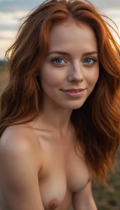 1girl, cute woman, portrait red hair, long messy hair, slim, light skin, detailed skin, skin pores, athletic fit female, athletic ass, blue eyes, masterpiece, raw photo, best quality, newest, highres, warm soft lighting, selfie, smiling, naked, leaning forward, outdoors, autumn, clouds, sun behind, warm ambient light, 8k