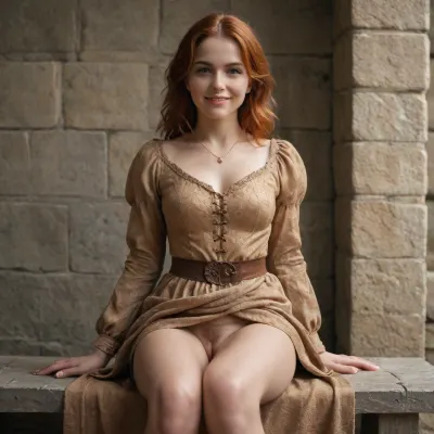 ultrarealistic, uhd, 4k, 27yo, realistic body, redhead, curvy fairs, sexy medieval dress, medium chest, smile, jewelry, sitting on the wall, lifted dress, hairy pussy, high details on textures, castle