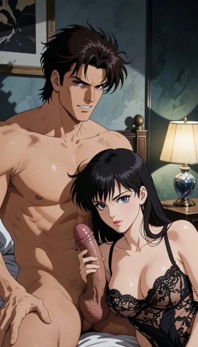 Pure japan animation drawing. A authentic 1990s Japanese anime cel screenshot from a hardboiled crime OVA. Pure traditional 2D hand-drawn artwork in the iconic style of City Hunter, featuring character designs with elongated, sculpted faces, sharp features, and expressive eyes with hand-painted catchlights. Classic physical ink lines on hand-painted acetate celluloid, the scene centers on the theme "What's going on in a hotel room?" .

The true 1990s anime aesthetic is defined by heavy, high-contrast shadow blocks, creating a dark, nocturnal atmosphere. Authentic vintage cel shading with hard-edged paint lines, specular hair highlights, Hand-painted retro anime background, vintage painted gouache scenery on paper, soft watercolor textures, flat hand-drawn matte background, vintage matte painting style. Rich, saturated late-night color palette. Pure 1990s cel animation production frame. Pure vintage animation style, backgrounds, lamp and bed are drawing with ink and painting entirely in gouache. All the background elements were carefully hand-painted in the purest style of traditional Japanese animation. There is no bedside lamp visible.

A strong, muscular naked man— drawing like Ryo Saeba from detective animation *City Hunter*, Voluminous, dark brown, messy, layered 1990s anime hair with a parted fringe and charming smile—is with a dark hair young woman who is ready to suck his enormous cock, his enormous, excessive, cock is perfectly positioned. he is sitting on the bed. His strong hand is well positioned. She is wearing luxurious lace lingerie, her large, nippon animation-style eyes express intense pleasure. Body are drawing in 2D, zero 3D, zero CGI. They are in a motel-style hotel room.

A nocturnal, mysterious atmosphere in a hotel room. High-contrast indoor atmosphere, playing with chiaroscuro, sensuality, and the codes of retro detective anime.