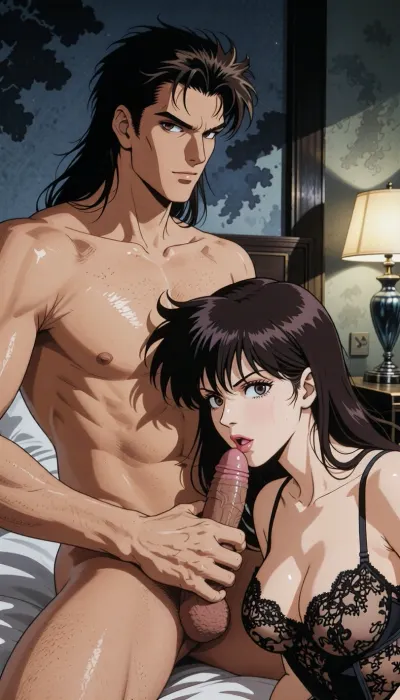 Pure japan animation drawing. A authentic 1990s Japanese anime cel screenshot from a hardboiled crime OVA. Pure traditional 2D hand-drawn artwork in the iconic style of City Hunter, featuring character designs with elongated, sculpted faces, sharp features, and expressive eyes with hand-painted catchlights. Classic physical ink lines on hand-painted acetate celluloid, the scene centers on the theme "What's going on in a hotel room?" .

The true 1990s anime aesthetic is defined by heavy, high-contrast shadow blocks, creating a dark, nocturnal atmosphere. Authentic vintage cel shading with hard-edged paint lines, specular hair highlights, Hand-painted retro anime background, vintage painted gouache scenery on paper, soft watercolor textures, flat hand-drawn matte background, vintage matte painting style. Rich, saturated late-night color palette. Pure 1990s cel animation production frame. Pure vintage animation style, backgrounds, lamp and bed are drawing with ink and painting entirely in gouache. All the background elements were carefully hand-painted in the purest style of traditional Japanese animation. In an hotel room in the style of traditional animation with no bedside lamp, a strong, muscular naked man— drawing like Ryo Saeba from detective animation City Hunter, Voluminous, dark brown, messy, layered 1990s anime mid-length hair with a parted fringe and charming smile —is with a dark hair young woman who is ready to suck his enormous cock, his vrry enormous, excessive, cock is perfectly positioned. he is sitting on the bed. His strong hand is well positioned. She is wearing luxurious lace lingerie, her large, nippon animation-style eyes express intense pleasure. Body are drawing in 2D, zero 3D, zero CGI.

A nocturnal, mysterious atmosphere in a hotel room. High-contrast indoor atmosphere, playing with chiaroscuro, sensuality, and the codes of retro detective anime.