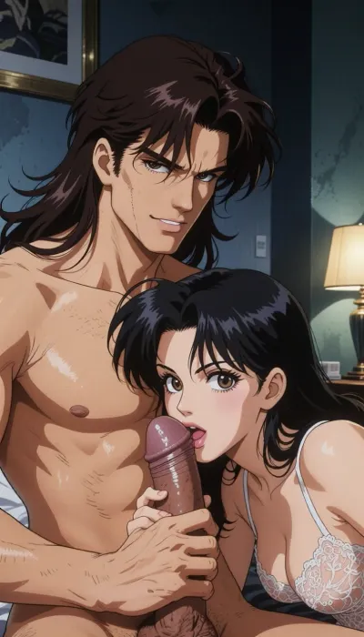 Pure japan animation drawing. A authentic 1990s Japanese anime cel screenshot from a hardboiled crime OVA. Pure traditional 2D hand-drawn artwork in the iconic style of City Hunter, featuring character designs with elongated, sculpted faces, sharp features, and expressive eyes with hand-painted catchlights. Classic physical ink lines on hand-painted acetate celluloid, the scene centers on the theme "What's going on in a hotel room?" .

The true 1990s anime aesthetic is defined by heavy, high-contrast shadow blocks, creating a dark, nocturnal atmosphere. Authentic vintage cel shading with hard-edged paint lines, specular hair highlights, Hand-painted retro anime background, vintage painted gouache scenery on paper, soft watercolor textures, flat hand-drawn matte background, vintage matte painting style. Rich, saturated late-night color palette. Pure 1990s cel animation production frame.

A strong, muscular naked man— drawing like Ryo Saeba from detective animation *City Hunter*, Voluminous mid-length, dark brown, messy, layered 1990s anime hair with a parted fringe and charming smile—is with a dark hair young woman who is ready to suck his enormous dick, his enormous cock is perfectly positioned. His strong hand is well positioned. She is wearing luxurious lace lingerie, her large, nippon animation-style eyes express intense pleasure. Body are drawing in 2D, zero 3D, zero CGI. They are in a motel-style hotel room.

A nocturnal, mysterious atmosphere in a hotel room shrouded in dim light. High-contrast cinematic indoor lighting, playing with chiaroscuro, sensuality, and the codes of retro detective anime.