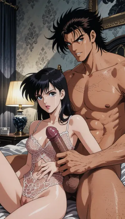 Pure japan animation drawing. A authentic 1990s Japanese anime cel screenshot from a hardboiled crime OVA. Pure traditional 2D hand-drawn artwork in the iconic style of City Hunter, featuring character designs with elongated, sculpted faces, sharp features, and expressive eyes with hand-painted catchlights. Classic physical ink lines on hand-painted acetate celluloid, the scene centers on the theme "What's going on in a hotel room?" .

The true 1990s anime aesthetic is defined by heavy, high-contrast shadow blocks, creating a dark, nocturnal atmosphere. Authentic vintage cel shading with hard-edged paint lines, Hand-painted retro anime background, vintage painted gouache scenery on paper, soft watercolor textures, flat hand-drawn matte background, vintage matte painting style. Rich, saturated late-night color palette. Pure 1990s cel animation production frame. Pure vintage animation style, backgrounds, lamp and bed are drawing with ink and painting entirely in gouache. All the background elements of a modeste hôtel room with fafed wallpaper, are carefully hand-painted in the pure style of traditional Japanese animation.

A strong, muscular naked man— drawing like Ryo Saeba from detective animation City Hunter, Voluminous, dark brown, messy, layered 1990s anime mid-length hair with a parted fringe and charming smile —is with a dark hair young woman who is ready to suck his enormous cock, his enormous, excessive, cock is perfectly positioned. he is sitting on the bed. His strong hand is well positioned. She is wearing luxurious lace lingerie, her large, nippon animation-style eyes express intense pleasure. Body are drawing in 2D, zero 3D, zero CGI.


A nocturnal, mysterious atmosphere in a hotel room. High-contrast indoor atmosphere, playing with chiaroscuro, sensuality, and the codes of retro detective anime.
