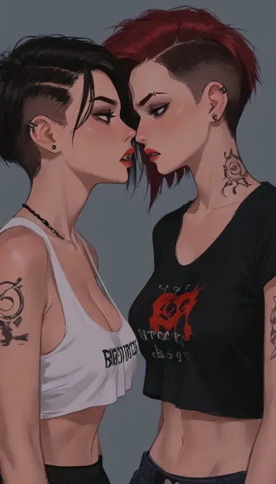 (side perspective), beautiful punk chick with a ripped t-shirt, frayed pleated miniskirt, piercings and tattoos, in a punk club, lesbian haircut, undercut hair, handcuffs, cleavage, back arched, angry, snarling, (hyper detailed), side boob, underboob, sideboob, large saggy breasts, no bra, (SamDoesArts:.9), drawing, (J_cartoon:1.3), (incase:.5), <lora:SDXLSamDoesArts:.5>, <lora:mk_Bp Anime_xl:.2>, <lora:EnvyAnimeDigitalPaintingXL01:.1>, <lora:ratatatat74-000050:.1>, <lora:J_cartoon:.1>