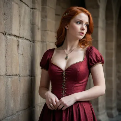 ultrarealistic, uhd, 4k, 27yo, realistic body, downblouse, redhead, curvy fairs, sexy medieval dress, medium chest, jewelry, standing, back against the wall, high details on textures, castle