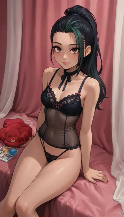 Score_9, score_8_up, score_7_up, Reiq meets innv style, smiling, nemona from pokemon, luxurious lace lingerie, opulent background, sitting, high angle, pouty lips, black hair, pubic hair, dark pink background, red curtains, bright blue spotlight, (thick outline), (terasu_mc), cute, doodle, ratatatat74, <lora:cutedoodle_XL-000012:.8>, <lora:ratatatat74-000050:.8>, <lora:NEOTOKIOXL_0.2_RC:.8>