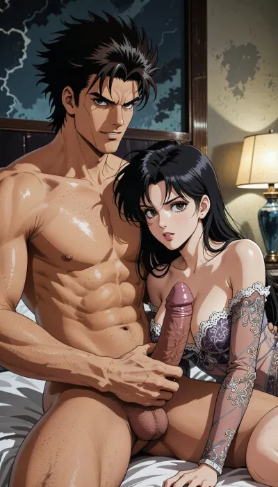 Pure japan animation drawing. A authentic 1990s Japanese anime cel screenshot from a hardboiled crime OVA. Pure traditional 2D hand-drawn artwork in the iconic style of City Hunter, featuring character designs with elongated, sculpted faces, sharp features, and expressive eyes with hand-painted catchlights. Classic physical ink lines on hand-painted acetate celluloid, the scene centers on the theme "What's going on in a hotel room?" .

The true 1990s anime aesthetic is defined by heavy, high-contrast shadow blocks, creating a dark, nocturnal atmosphere. Authentic vintage cel shading with hard-edged paint lines, specular hair highlights, Hand-painted retro anime background, vintage painted gouache scenery on paper, soft watercolor textures, flat hand-drawn matte background, vintage matte painting style. Rich, saturated late-night color palette. Pure 1990s cel animation production frame. Pure vintage animation style, backgrounds, lamp and bed are drawing with ink and painting entirely in gouache.

A strong, muscular naked man— drawing like Ryo Saeba from detective animation *City Hunter*, Voluminous, dark brown, messy, layered 1990s anime hair with a parted fringe and charming smile—is with a dark hair young woman who is ready to suck his enormous cock, his enormous, excessive, cock is perfectly positioned. he is sitting on the bed. His strong hand is well positioned. She is wearing luxurious lace lingerie, her large, nippon animation-style eyes express intense pleasure. Body are drawing in 2D, zero 3D, zero CGI. They are in a motel-style hotel room.

A nocturnal, mysterious atmosphere in a hotel room. High-contrast indoor atmosphere, playing with chiaroscuro, sensuality, and the codes of retro detective anime.
