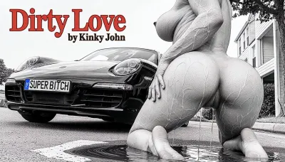 Magazine "Dirty Love by Kinky John" a elegant voluptuous older MILF Latex Domina with gigantic massive breasts, large ariolas, puffy nipples, standing by her black PORSCHE. a license plate, "SUPER BITCH", low angle, POV, (detailed pen and ink sketch:2), squating in a puddle of piss, wet skin, cuckold worship her tits. rear view, massive ass