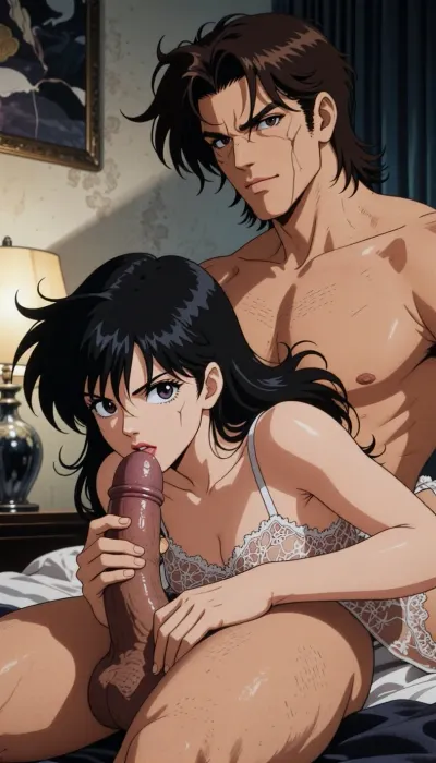 Pure japan animation drawing. A authentic 1990s Japanese anime cel screenshot from a hardboiled crime OVA. Pure traditional 2D hand-drawn artwork in the iconic style of City Hunter, featuring character designs with elongated, sculpted faces, sharp features, and expressive eyes with hand-painted catchlights. Classic physical ink lines on hand-painted acetate celluloid, the scene centers on the theme "What's going on in a hotel room?" .

The true 1990s anime aesthetic is defined by heavy, high-contrast shadow blocks, creating a dark, nocturnal atmosphere. Authentic vintage cel shading with hard-edged paint lines, Hand-painted retro anime background, vintage painted gouache scenery on paper, soft watercolor textures, flat hand-drawn matte background, vintage matte painting style. Rich, saturated late-night color palette. Pure 1990s cel animation production frame. Pure vintage animation style, backgrounds, lamp and bed are drawing with ink and painting entirely in gouache. All the background elements were carefully hand-painted in the pire style of traditional Japanese animation. In an hotel room in the style of traditional animation, a strong, muscular naked man— drawing like Ryo Saeba from detective animation City Hunter, Voluminous, dark brown, messy, layered 1990s anime mid-length hair with a parted fringe and charming smile —is with a dark hair young woman who is ready to suck his enormous cock, his enormous, excessive, cock is perfectly positioned. he is sitting on the bed. His strong hand is well positioned. She is wearing luxurious lace lingerie, her large, nippon animation-style eyes express intense pleasure. Body are drawing in 2D, zero 3D, zero CGI.

A nocturnal, mysterious atmosphere in a hotel room. High-contrast indoor atmosphere, playing with chiaroscuro, sensuality, and the codes of retro detective anime.