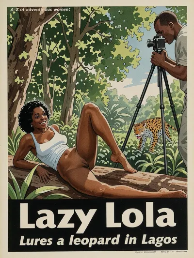 Lola, lazy and alive, she is reclining with an inviting smile, black-skinned, a man with an old camera on tripod, a lush jungle clearing near Lagos, dense green canopy visible, dappled afternoon light the scene, a leopard approaching through the undergrowth, she is lounging on a fallen log, completely at home in the chaos of the moment.

In the style of a 1930s travel poster, water colour illustration, strong line work.


Very small text across the top "A-Z of adventurous women"

Text across the bottom "Lazy Lola lures a leopard in Lagos"
