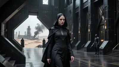 A cinematic, photorealistic portrait scene depicting a young Bene Gesserit witch of Harkonnen origin in the Dune universe, mid-twenties, walking through the monumental interior of a Harkonnen stronghold on Giedi Prime, on her way to a private audience with Baron Vladimir Harkonnen. She is strikingly beautiful in a cold, severe, aristocratic way, with very pale skin, refined angular features, dark intense eyes, and smooth black hair partly concealed beneath an austere Bene Gesserit hood and headdress. Her expression is calm, unreadable and controlled, projecting intelligence, discipline, danger, and absolute self-possession.

Her clothing combines traditional Bene Gesserit severity with subtle Harkonnen aesthetics, a long fitted black ceremonial gown of heavy matte fabric, structured high collar, layered black robes, narrow sleeves, minimal ornamentation, elegant but intimidating silhouette, no exposed armor, no obvious weapons. Small details hint at noble Harkonnen blood without making her look like a military officer.

She walks alone through a vast brutalist corridor inside the Harkonnen palace, surrounded by monumental black architecture, massive industrial walls, polished dark stone, exposed metal, severe geometric forms, enormous doorways, oppressive scale and almost no decoration. Through distant openings and high windows, the polluted industrial landscape of Giedi Prime is visible beneath its harsh pale sun, filled with enormous refinery structures, smoke, haze and black silhouettes.

Ahead of her stands the immense entrance to Baron Vladimir Harkonnen's audience chamber, guarded by distant Harkonnen soldiers. She is approaching the doors with deliberate confidence, fully aware that she is entering the presence of one of the most dangerous men in the Imperium. The atmosphere is oppressive, ceremonial and politically dangerous, suggesting hidden agendas, Bene Gesserit manipulation and Harkonnen brutality.

Full-body to three-quarter composition, camera slightly below eye level, she remains the clear focal point while the gigantic architecture emphasizes her isolation and confidence. Harsh monochromatic Giedi Prime lighting, pale diffuse sunlight, deep blacks, metallic reflections, volumetric haze, subtle film grain, realistic skin texture, realistic anatomy, extremely detailed fabric, cinematic depth of field, high-end science-fiction production design, restrained color palette, brutalist dystopian atmosphere, serious mature tone.