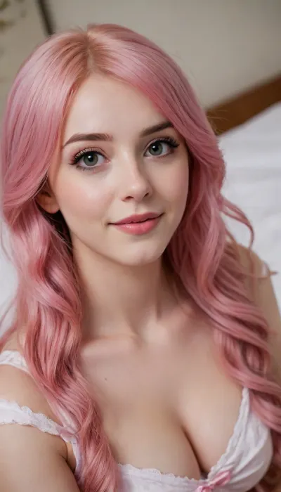 (7 points, 8 points, 9 points, 1 girl, solo, masterpiece), ((anime cosplay)), cute face, puffed up cheeks, pursed lips, eyes focused on the center, eyes together, bright room lighting, tenderness, on a large bed, posing, smiling, sexy elf costume, cute appearance, thick long pink hair, ((Australian:1.5)), (fair skin:1.2), (narrow chin:1.5), expressive eyes, (cute face:1.5), (wavy long hair:1.5), (pink hair), 23-year-old girl.