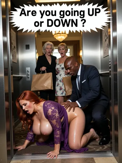 POV shot from inside an elevator, wide angle, hyper-realistic, masterpiece, 8k UHD, highly detailed, sharp focus, cinematic lighting, candid moment, shocking passionate scene, interior of a modern hotel elevator, In the foreground, inside the elevator, A red-headed BBW wife has huge gigantic fat mommy breasts bulging in lace huge saggy deep cleavage purple lace robe, thicc waist, oiled wide bust, thicc thighs dark figure, lace long robe, gorgeous lady. On all fours, head down, ass up, prone bone position, on the floor of the elevator, Huge African brute in a suit kneeling behind her roughly forces his over-large dick into her tight anus, visible stretching of the anus. She is moaning. Sweating, skin glistening, In the background The elevator doors open revealing a hotel lobby, two elderly women standing in the lobby, one in black the other wearing a light floral dress, both holding large shopping bags, shocked facial expressions, wide eyes, mouths agape.
contrasting lighting between the warm lobby and the cool fluorescent elevator light, skin textures, sweat beads, realistic skin folds, depth of field, intricate details on clothing fabrics, polished metallic elevator walls, reflective surfaces, high contrast, provocative mood.
White jagged edge text box at top “Are you going UP or DOWN ? “.