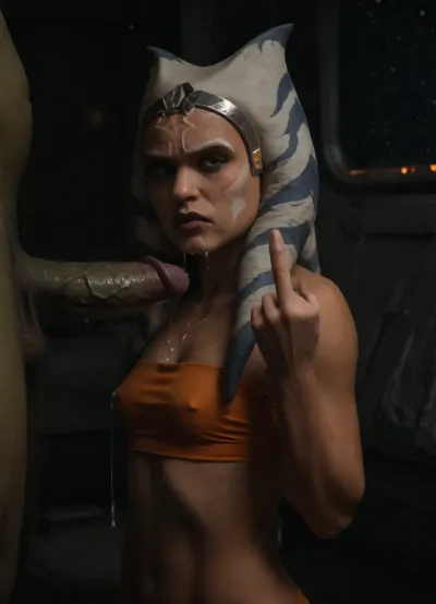 Ahsoka Tano, Star Wars, (futuristic space ship interior:1.3), sideview, fully saturated orange skin, orange eyes, athletic physique, colossal green orc cock, veiny penis, small tight red-orange tube top, small breasts, (annoyed:1.57), (brown lips), (middle finger), NEGATIVE_HANDS, <lora:WTS - WhatTheSuck - v1:.8>, excessive cum, sticky cum, cum goblet, (cum on face, cum dripping chin, cum flowing face, cum dripping, cum string), <lora:Ahsoka_Tano_XL:.8>, <lora:JustCum:.8>, <lora:dark:.8>