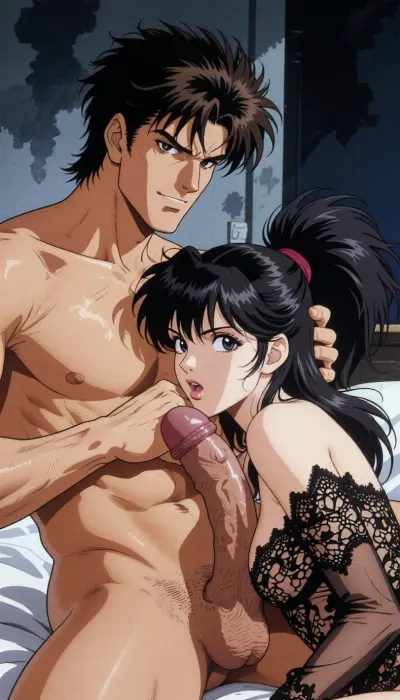 Pure japan animation drawing. A authentic 1990s Japanese anime cel. Pure traditional 2D hand-drawn artwork in the style of City Hunter, featuring character designs with elongated, sculpted faces, sharp features, and expressive eyes. Classic physical ink lines on hand-painted acetate celluloid, the scene centers on the theme "What's going on in a hotel room?" .

The true 1990s anime aesthetic is defined by heavy, high-contrast shadow blocks, creating a dark, nocturnal atmosphere. Authentic vintage cel shading with hard-edged paint lines, Hand-painted retro anime background, vintage painted gouache scenery on paper, soft watercolor textures, flat hand-drawn matte background, vintage matte painting style. Saturated late-night color palette. Pure 1990s cel animation production frame. Pure vintage animation style, backgrounds is drawn with ink and painted with gouache. In a Rome stripped of all ornamentation in the style of traditional animation, a strong, muscular naked man— drawing like Ryo Saeba from detective animation *City Hunter*, Voluminous, dark brown, messy, layered 1990s anime hair with a parted fringe and charming smile—is with a dark hair young woman who is ready to suck his enormous cock, his enormous, excessive, cock is perfectly positioned. he is sitting on the bed. His strong hand is well positioned. She is wearing luxurious lace lingerie, her large, nippon animation-style eyes express intense pleasure. Body are drawing in 2D, zero 3D, zero CGI.

A nocturnal, mysterious atmosphere. High-contrast indoor atmosphere, playing with chiaroscuro, sensuality, and the codes of vintage detective anime.