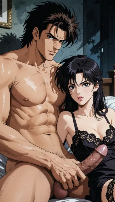 Pure japan animation drawing. A authentic 1990s Japanese anime cel. Pure traditional 2D hand-drawn artwork in the style of City Hunter, featuring character designs with elongated, sculpted faces, sharp features, and expressive eyes. Classic physical ink lines on hand-painted acetate celluloid, the scene centers on the theme "What's going on in a hotel room?" .

The true 1990s anime aesthetic is defined by heavy, high-contrast shadow blocks, creating a dark, nocturnal atmosphere. Authentic vintage cel shading with hard-edged paint lines, Hand-painted retro anime background, vintage painted gouache scenery on paper, soft watercolor textures, flat hand-drawn matte background, vintage matte painting style. Saturated late-night color palette. Pure 1990s cel animation production frame. Pure vintage animation style, backgrounds is drawn with ink and painted with gouache. In a Rome stripped of all ornamentation in the style of traditional animation, a strong, muscular naked man— drawing like Ryo Saeba from detective animation *City Hunter*, Voluminous, dark brown, messy, layered 1990s anime hair with a parted fringe and charming smile—is with a dark hair young woman who is ready to suck his enormous cock, his enormous, excessive, cock is perfectly positioned. he is sitting on the bed. His strong hand is well positioned. She is wearing luxurious lace lingerie, her large, nippon animation-style eyes express intense pleasure. Body are drawing in 2D, zero 3D, zero CGI.

A nocturnal, mysterious atmosphere. High-contrast indoor atmosphere, playing with chiaroscuro, sensuality, and the codes of vintage detective anime.