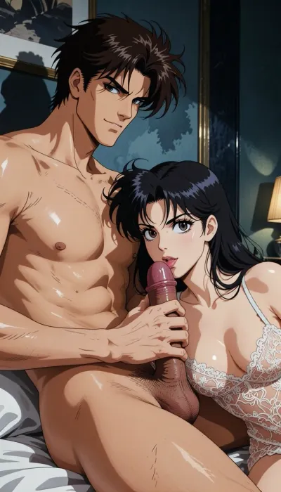 Pure japan animation drawing. A authentic 1990s Japanese anime cel. Pure traditional 2D hand-drawn artwork in the style of City Hunter, featuring character designs with elongated, sculpted faces, sharp features, and expressive eyes. Classic physical ink lines on hand-painted acetate celluloid, the scene centers on the theme "What's going on in a hotel room?" .

The true 1990s anime aesthetic is defined by heavy, high-contrast shadow blocks, creating a dark, nocturnal atmosphere. Authentic vintage cel shading with hard-edged paint lines, Hand-painted retro anime background, vintage painted gouache scenery on paper, soft watercolor textures, flat hand-drawn matte background, vintage matte painting style. Saturated late-night color palette. Pure 1990s cel animation production frame. Pure vintage animation style, backgrounds is drawn with ink and painted with gouache. In a Rome stripped of all ornamentation in the style of traditional animation, a strong, muscular naked man— drawing like Ryo Saeba from detective animation *City Hunter*, Voluminous, dark brown, messy, layered 1990s anime hair with a parted fringe and charming smile—is with a dark hair young woman who is ready to suck his enormous cock, his enormous, excessive, cock is perfectly positioned. he is sitting on the bed. His strong hand is well positioned. She is wearing luxurious lace lingerie, her large, nippon animation-style eyes express intense pleasure. Body are drawing in 2D, zero 3D, zero CGI.

A nocturnal, mysterious atmosphere. High-contrast indoor atmosphere, playing with chiaroscuro, sensuality, and the codes of vintage detective anime.