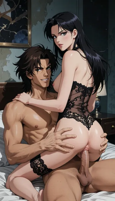 A authentic 1990s Japanese anime cel screenshot from a hardboiled crime OVA. Pure traditional 2D hand-drawn artwork in the iconic style of City Hunter, featuring character designs with elongated, sculpted faces, sharp features, and expressive eyes with hand-painted catchlights. Classic physical ink lines on hand-painted acetate celluloid, the scene centers on the theme "What's going on in a hotel room?"

The true 1990s anime aesthetic is defined by heavy, high-contrast shadow blocks, creating a dark, nocturnal atmosphere. Authentic vintage cel shading with hard-edged paint lines, specular hair highlights, Hand-painted retro anime background, vintage painted gouache scenery on paper, soft watercolor textures, flat hand-drawn matte background, vintage matte painting style. Rich, saturated late-night color palette. Pure 1990s cel animation production frame.

A strong, muscular naked man— drawing like Ryo Saeba from detective animation *City Hunter*, Voluminous mid-length, dark brown, messy, layered 1990s anime hair with a parted fringe and charming smile—is beneath a dark hair young woman who is straddling him, he is fucking her, his cock is perfectly positioned, and there is a clear view of the penetration. His strong hands are well positioned. She wears luxurious, provocative, and sexy lace lingerie, but no panties, her large, nippon animation-style eyes express intense pleasure. They are in a motel-style hotel room, embodying the fervor and passion of lovers.

A nocturnal, mysterious atmosphere in a hotel room shrouded in dim light. High-contrast cinematic indoor lighting, playing with chiaroscuro, sensuality, and the codes of retro detective anime.