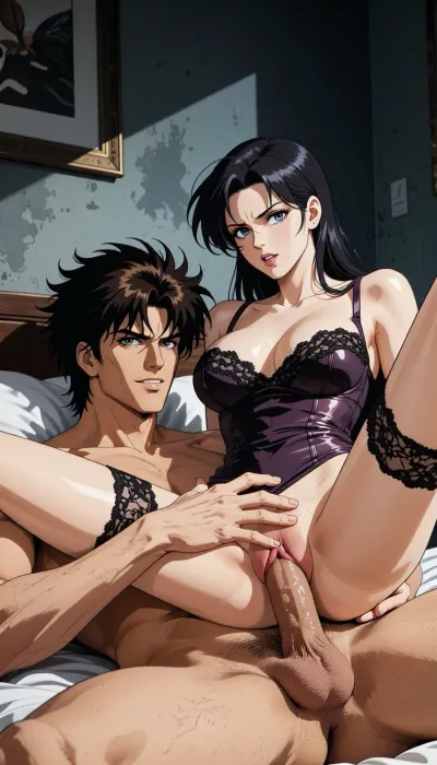 Pure japan animation drawing. A authentic 1990s Japanese anime cel. Pure traditional 2D hand-drawn artwork in the style of City Hunter, featuring character designs with elongated, sculpted faces, sharp features, and expressive eyes. Classic physical ink lines on hand-painted acetate celluloid, the scene centers on the theme "What's going on in a hotel room?" .

The true 1990s anime aesthetic is defined by heavy, high-contrast shadow blocks, creating a dark, nocturnal atmosphere. Authentic vintage cel shading with hard-edged paint lines, Hand-painted retro anime background, vintage painted gouache scenery on paper, soft watercolor textures, flat hand-drawn matte background, vintage matte painting style. Saturated late-night color palette. Pure 1990s cel animation production frame. Pure vintage animation style, backgrounds is drawn with ink and painted with gouache.

In a Room stripped of all ornamentation in the style of traditional animation, a strong, muscular naked man— drawing like Ryo Saeba from detective animation *City Hunter*, Voluminous, dark brown, messy, layered 1990s anime hair with a parted fringe and charming smile. He's lying under a woman. The dark hair woman is straddling him and is fucked, his enormous, excessive, cock is perfectly positioned. His strong hand is well positioned. The pénétration is explicit, with view on the cock in vagina. She is wearing luxurious lace lingerie, her large, nippon animation-style eyes express intense pleasure. Body are drawing in 2D, zero 3D, zero CGI.

A nocturnal, mysterious atmosphere. High-contrast indoor atmosphere, playing with chiaroscuro, sensuality, and the codes of vintage detective anime.