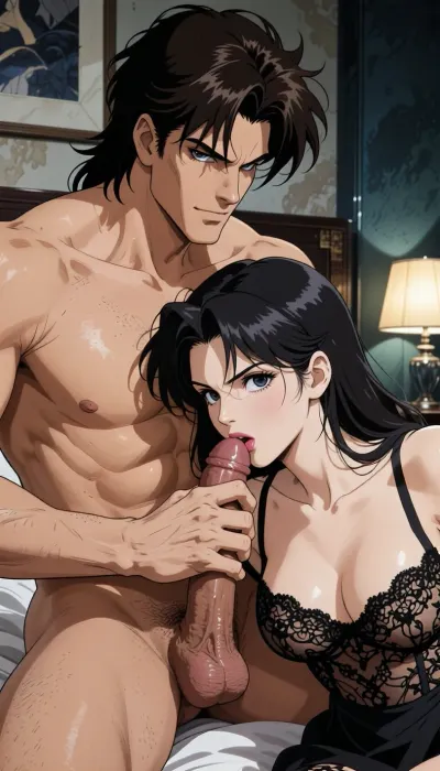 Pure japan animation drawing. A authentic 1990s Japanese anime cel screenshot from a hardboiled crime OVA. Pure traditional 2D hand-drawn artwork in the iconic style of City Hunter, featuring character designs with elongated, sculpted faces, sharp features, and expressive eyes with hand-painted catchlights. Classic physical ink lines on hand-painted acetate celluloid, the scene centers on the theme "What's going on in a hotel room?" .

The true 1990s anime aesthetic is defined by heavy, high-contrast shadow blocks, creating a dark, nocturnal atmosphere. Authentic vintage cel shading with hard-edged paint lines, specular hair highlights, Hand-painted retro anime background, vintage painted gouache scenery on paper, soft watercolor textures, flat hand-drawn matte background, vintage matte painting style. Rich, saturated late-night color palette. Pure 1990s cel animation production frame. Zero 3D, zero CGI, pure vintage animation style, backgrounds are drawing and painting entirely in gouache.

A strong, muscular naked man— drawing like Ryo Saeba from detective animation *City Hunter*, Voluminous, dark brown, messy, layered 1990s anime hair with a parted fringe and charming smile—is with a dark hair young woman who is ready to suck his enormous cock, his enormous, excessive, cock is perfectly positioned. he is sitting on the bed. His strong hand is well positioned. She is wearing luxurious lace lingerie, her large, nippon animation-style eyes express intense pleasure. Body are drawing in 2D, zero 3D, zero CGI. They are in a motel-style hotel room.

A nocturnal, mysterious atmosphere in a hotel room shrouded in dim light. High-contrast indoor lighting, playing with chiaroscuro, sensuality, and the codes of retro detective anime.