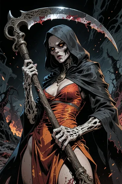 (Dark Fantasy Artwork), low angle, an illustration, with bold expressive lines, shading. colored lines. 40 yo. death, occult, Armageddon, cruel, eerie, ancient large scythe, hot dress, cloak, hood, natural beauty. Detailed dark fantasy artwork, dark gritty apocalyptic lighting, gritty artwork, realistic anatomy, believable skin texture, detailed hands, detailed fingers, detailed eyes, high quality colored ink illustration, highly detailed, dark fantasy art, dark doomed atmosphere.