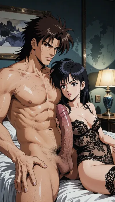 Pure japan animation drawing. A authentic 1990s Japanese anime cel screenshot from a hardboiled crime OVA. Pure traditional 2D hand-drawn artwork in the iconic style of City Hunter, featuring character designs with elongated, sculpted faces, sharp features, and expressive eyes with hand-painted catchlights. Classic physical ink lines on hand-painted acetate celluloid, the scene centers on the theme "What's going on in a hotel room?" .

The true 1990s anime aesthetic is defined by heavy, high-contrast shadow blocks, creating a dark, nocturnal atmosphere. Authentic vintage cel shading with hard-edged paint lines, Hand-painted retro anime background, vintage painted gouache scenery on paper, soft watercolor textures, flat hand-drawn matte background, vintage matte painting style. Rich, saturated late-night color palette. Pure 1990s cel animation production frame. Pure vintage animation style, backgrounds, lamp and bed are drawing with ink and painting entirely in gouache. All the background elements were carefully hand-painted in the pire style of traditional Japanese animation. In an hotel room in the style of painting in the traditional animation style, a strong, muscular naked man— drawing like Ryo Saeba from detective animation City Hunter, Voluminous, dark brown, messy, layered 1990s anime mid-length hair with a parted fringe and charming smile —is with a dark hair young woman who is ready to suck his enormous cock, his enormous, excessive, cock is perfectly positioned. he is sitting on the bed. His strong hand is well positioned. She is wearing luxurious lace lingerie, her large, nippon animation-style eyes express intense pleasure. Body are drawing in 2D, zero 3D, zero CGI.

A nocturnal, mysterious atmosphere in a hotel room. High-contrast indoor atmosphere, playing with chiaroscuro, sensuality, and the codes of retro detective anime.