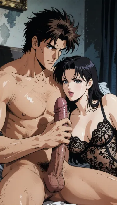 Pure japan animation drawing. A authentic 1990s Japanese anime cel. Pure traditional 2D hand-drawn artwork in the style of City Hunter, featuring character designs with elongated, sculpted faces, sharp features, and expressive eyes. Classic physical ink lines on hand-painted acetate celluloid, the scene centers on the theme "What's going on in a hotel room?" .

The true 1990s anime aesthetic is defined by heavy, high-contrast shadow blocks, creating a dark, nocturnal atmosphere. Authentic vintage cel shading with hard-edged paint lines, Hand-painted retro anime background, vintage painted gouache scenery on paper, soft watercolor textures, flat hand-drawn matte background, vintage matte painting style. Saturated late-night color palette. Pure 1990s cel animation production frame. Pure vintage animation style, backgrounds is drawn with ink and painted with gouache. In a Rome stripped of all ornamentation in the style of traditional animation, a strong, muscular naked man— drawing like Ryo Saeba from detective animation *City Hunter*, Voluminous, dark brown, messy, layered 1990s anime hair with a parted fringe and charming smile—is with a dark hair young woman who is ready to suck his enormous cock, his enormous, excessive, cock is perfectly positioned. he is sitting on the bed. His strong hand is well positioned. She is wearing luxurious lace lingerie, her large, nippon animation-style eyes express intense pleasure. Body are drawing in 2D, zero 3D, zero CGI.

A nocturnal, mysterious atmosphere. High-contrast indoor atmosphere, playing with chiaroscuro, sensuality, and the codes of vintage detective anime.