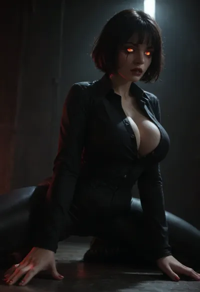 (vampire woman, fully clothed, dark short hair), black leather suit, spread legs, big breasts, push-up, black closed button-down shirt, Mascara running, ((Red glowing pupils)), black tight pants, <lora:dark:.8>, huge, massive, <lora:SDXL_MassiveCowsLoRA_v1:.8>