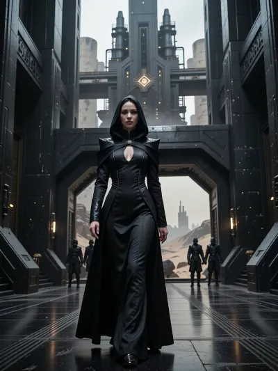 A cinematic, photorealistic portrait scene depicting a young Bene Gesserit witch of Harkonnen origin in the Dune universe, mid-twenties, walking through the monumental interior of a Harkonnen stronghold on Giedi Prime, on her way to a private audience with Baron Vladimir Harkonnen. She is strikingly beautiful in a cold, severe, aristocratic way, with very pale skin, refined angular features, dark intense eyes, and smooth black hair partly concealed beneath an austere Bene Gesserit hood and headdress. Her expression is calm, unreadable and controlled, projecting intelligence, discipline, danger, and absolute self-possession.

Her clothing combines traditional Bene Gesserit severity with subtle Harkonnen aesthetics, a long fitted black ceremonial gown of heavy matte fabric, structured high collar, layered black robes, narrow sleeves, minimal ornamentation, elegant but intimidating silhouette, no exposed armor, no obvious weapons. Small details hint at noble Harkonnen blood without making her look like a military officer.

She walks alone through a vast brutalist corridor inside the Harkonnen palace, surrounded by monumental black architecture, massive industrial walls, polished dark stone, exposed metal, severe geometric forms, enormous doorways, oppressive scale and almost no decoration. Through distant openings and high windows, the polluted industrial landscape of Giedi Prime is visible beneath its harsh pale sun, filled with enormous refinery structures, smoke, haze and black silhouettes.

Ahead of her stands the immense entrance to Baron Vladimir Harkonnen's audience chamber, guarded by distant Harkonnen soldiers. She is approaching the doors with deliberate confidence, fully aware that she is entering the presence of one of the most dangerous men in the Imperium. The atmosphere is oppressive, ceremonial and politically dangerous, suggesting hidden agendas, Bene Gesserit manipulation and Harkonnen brutality.

Full-body to three-quarter composition, camera slightly below eye level, she remains the clear focal point while the gigantic architecture emphasizes her isolation and confidence. Harsh monochromatic Giedi Prime lighting, pale diffuse sunlight, deep blacks, metallic reflections, volumetric haze, subtle film grain, realistic skin texture, realistic anatomy, extremely detailed fabric, cinematic depth of field, high-end science-fiction production design, restrained color palette, brutalist dystopian atmosphere, serious mature tone.