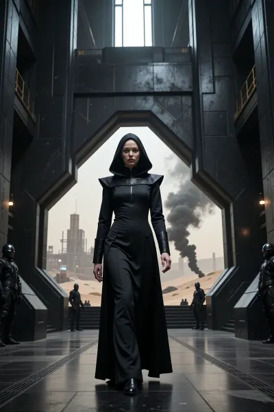 A cinematic, photorealistic portrait scene depicting a young Bene Gesserit witch of Harkonnen origin in the Dune universe, mid-twenties, walking through the monumental interior of a Harkonnen stronghold on Giedi Prime, on her way to a private audience with Baron Vladimir Harkonnen. She is strikingly beautiful in a cold, severe, aristocratic way, with very pale skin, refined angular features, dark intense eyes, and smooth black hair partly concealed beneath an austere Bene Gesserit hood and headdress. Her expression is calm, unreadable and controlled, projecting intelligence, discipline, danger, and absolute self-possession.

Her clothing combines traditional Bene Gesserit severity with subtle Harkonnen aesthetics, a long fitted black ceremonial gown of heavy matte fabric, structured high collar, layered black robes, narrow sleeves, minimal ornamentation, elegant but intimidating silhouette, no exposed armor, no obvious weapons. Small details hint at noble Harkonnen blood without making her look like a military officer.

She walks alone through a vast brutalist corridor inside the Harkonnen palace, surrounded by monumental black architecture, massive industrial walls, polished dark stone, exposed metal, severe geometric forms, enormous doorways, oppressive scale and almost no decoration. Through distant openings and high windows, the polluted industrial landscape of Giedi Prime is visible beneath its harsh pale sun, filled with enormous refinery structures, smoke, haze and black silhouettes.

Ahead of her stands the immense entrance to Baron Vladimir Harkonnen's audience chamber, guarded by distant Harkonnen soldiers. She is approaching the doors with deliberate confidence, fully aware that she is entering the presence of one of the most dangerous men in the Imperium. The atmosphere is oppressive, ceremonial and politically dangerous, suggesting hidden agendas, Bene Gesserit manipulation and Harkonnen brutality.

Full-body to three-quarter composition, camera slightly below eye level, she remains the clear focal point while the gigantic architecture emphasizes her isolation and confidence. Harsh monochromatic Giedi Prime lighting, pale diffuse sunlight, deep blacks, metallic reflections, volumetric haze, subtle film grain, realistic skin texture, realistic anatomy, extremely detailed fabric, cinematic depth of field, high-end science-fiction production design, restrained color palette, brutalist dystopian atmosphere, serious mature tone.