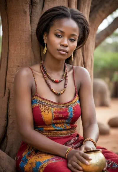 Professional photograph depicting perfect natural beauty and cultural richness. sharp focus on face, superb beautiful African young woman dozing, head slightly tilted to one side, eyes closed serene peaceful expression, full face visible and detailed, seated against ancient baobab tree trunk, wearing vibrant colorful wax print dress, traditional beaded necklace and bracelets, remote African village setting, traditional mud banco houses in background, colorful wax fabric spread on red earth ground, clay calabash pots beside her, warm golden late afternoon sunlight falling directly on her face, soft golden rim light on cheekbones, golden light, red ochre earth ground, shallow depth of field sharp focus on face, fingers visible resting in lap, natural fingernails, rich warm color palette, cinematic intimate atmosphere