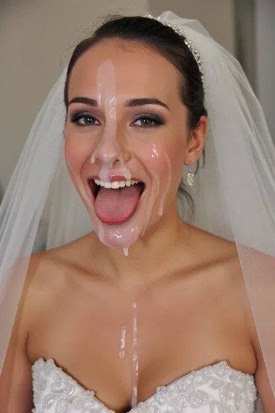 3/4 body shot of happy woman wearing wedding dress with massive amounts cum on her face, (((facial))), open mouth, (cum in mouth:1.3)