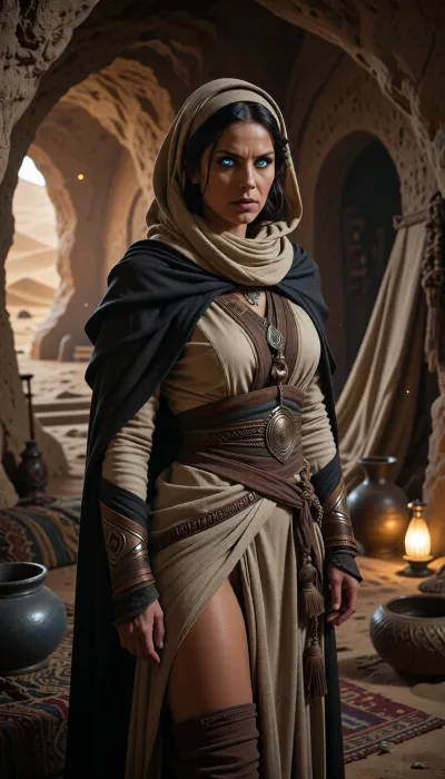 A cinematic, photorealistic portrait scene depicting a young Fremen Reverend Mother in the Dune universe, mid-twenties, inside a traditional Fremen sietch on Arrakis. She is of pure Fremen descent, naturally beautiful in a stern, weathered, and spiritually powerful way, with sun-bronzed skin, sharp desert-hardened features, (((luminescent glowing bright blue eyes))), and dark hair partly concealed beneath layered Fremen headwrappings. Her expression is calm, wise, disciplined, and deeply intense, carrying both spiritual authority and hidden danger.

She wears refined but practical Fremen ceremonial clothing, layered stillsuit-inspired desert garments combined with the austere dignity of a Reverend Mother, including wrapped fabrics, a dark desert cloak, subtle tribal detailing, and traditional sietch attire suited to a revered spiritual leader. Her outfit should look functional, culturally authentic, and ceremonial without appearing luxurious or royal. No modern elements, no excessive ornamentation, no exposed skin beyond what fits the desert setting.

She is standing within the interior of a Fremen sietch, surrounded by carved rock walls, cavern chambers, shadowed alcoves, woven mats, water vessels, stilltent fabrics, and practical desert furnishings shaped by survival and tradition. The environment should feel sacred, communal, and ancient, lit by soft warm lamps and filtered desert light, with hints of the larger sietch community beyond. The setting conveys reverence, secrecy, and the harsh dignity of Fremen life.

She is presented as a spiritual authority among her people, a woman who has survived ritual transformation and now carries ancestral memory, religious importance, and the burden of guiding the tribe. The mood should be solemn, mystical, intimate, and powerful, emphasizing Fremen spirituality, desert resilience, and hidden knowledge.

Three-quarter to full-body composition, she is the unmistakable focal point of the image. Cinematic lighting, warm amber highlights balanced with deep cave shadows, subtle dust in the air, realistic skin texture, realistic anatomy, highly detailed fabric and environment, filmic depth of field, restrained desert color palette, high-end science-fiction production design, serious mature tone, immersive and atmospheric.
