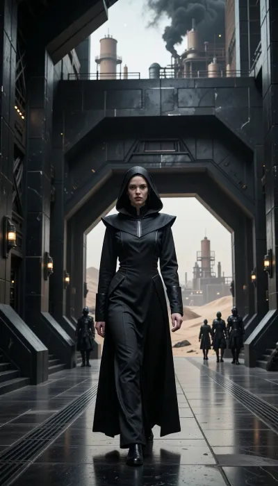 A cinematic, photorealistic portrait scene depicting a young Bene Gesserit witch of Harkonnen origin in the Dune universe, mid-twenties, walking through the monumental interior of a Harkonnen stronghold on Giedi Prime, on her way to a private audience with Baron Vladimir Harkonnen. She is strikingly beautiful in a cold, severe, aristocratic way, with very pale skin, refined angular features, dark intense eyes, and smooth black hair partly concealed beneath an austere Bene Gesserit hood and headdress. Her expression is calm, unreadable and controlled, projecting intelligence, discipline, danger, and absolute self-possession.

Her clothing combines traditional Bene Gesserit severity with subtle Harkonnen aesthetics, a long fitted black ceremonial gown of heavy matte fabric, structured high collar, layered black robes, narrow sleeves, minimal ornamentation, elegant but intimidating silhouette, no exposed armor, no obvious weapons. Small details hint at noble Harkonnen blood without making her look like a military officer.

She walks alone through a vast brutalist corridor inside the Harkonnen palace, surrounded by monumental black architecture, massive industrial walls, polished dark stone, exposed metal, severe geometric forms, enormous doorways, oppressive scale and almost no decoration. Through distant openings and high windows, the polluted industrial landscape of Giedi Prime is visible beneath its harsh pale sun, filled with enormous refinery structures, smoke, haze and black silhouettes.

Ahead of her stands the immense entrance to Baron Vladimir Harkonnen's audience chamber, guarded by distant Harkonnen soldiers. She is approaching the doors with deliberate confidence, fully aware that she is entering the presence of one of the most dangerous men in the Imperium. The atmosphere is oppressive, ceremonial and politically dangerous, suggesting hidden agendas, Bene Gesserit manipulation and Harkonnen brutality.

Full-body to three-quarter composition, camera slightly below eye level, she remains the clear focal point while the gigantic architecture emphasizes her isolation and confidence. Harsh monochromatic Giedi Prime lighting, pale diffuse sunlight, deep blacks, metallic reflections, volumetric haze, subtle film grain, realistic skin texture, realistic anatomy, extremely detailed fabric, cinematic depth of field, high-end science-fiction production design, restrained color palette, brutalist dystopian atmosphere, serious mature tone.