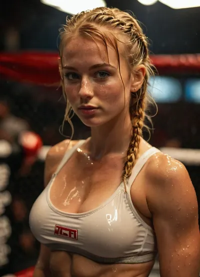 Female MMA Fighter, MMA cage fight event, MMA fighter's uniform, MMA Shorts, MMA shirt, (UFC:1), (MMA:1), (athletic martial arts clothing:1), fighting arena, UFC Octagon, standing in fighting ring, standing in a boxing pose, boxing pose, fighting pose, ready pose. Hot and sweaty, sweet on skin, glistening sweaty skin, glistening skin, wet shiny skin, wet hair, sweaty hair, braided hair. she is Looking off to the side, Her head turned to the side, look of excitement in eyes, expressing arousal. modest, casual, innocent, lovely, very sensual, extreme arousal, slightly nervous, erotic expression, extreme slut. Natural breasts, naturally perky breasts. tight strained clothes, tight oversized clothes, loose clothing, bulky clothing, modest neckline, breasts to big for tight clothing. score_9, score_8_up, score_7_up., (25 year old woman:1), long blonde hair, gorgeous eyes, 25 year old woman with 28H breast size, freckles everywhere, tight and firm, 18 years old girl, very slim girl, Best quality, realistic, slim waist, nice perky tits, large breasts, Looking at the camera, toned abs, (6-pack abs), lean abs, sexy abs, feminine abs, toned pelvis, thick thighs, sexy thighs, toned thighs, freckles, fresh face, freckled face, shy look, pale, very petite girl, very detailed, POV from slightly above looking slightly down.24 year old emo with very sexy and very large boobs, extremely busty, the style of 1990's Polaroid flash, Dainty little emo girl, very busty, incredibly large and epic sized boobs, breasts of epic proportions, gorgeous emo girl wearing snug clothing accentuating her big and sexy busty chest, snug clothing that makes her boobs look very big, extremely sexual curves, tiny waist, tight waist, (micro-waist:1), large bust, wide hips, fertile hips, skinny and lean physique. Sensual Emo female body. Long blonde hair framing a cute freckled face, very long straight flat hair, freckled cheeks, beautiful freckles. She has piercing eyes, modest clothing, early 2000's emo attire, wearing emo clothing from the early 2000's. Dynamic lighting, natural lighting, key light, side light, . early 2000's, side view, view from side, side view of woman, view from woman's side. score_10_up, score_9_up, score_7_up. uberfit, wide sexy hips, uberfit, muscular, athletic, <lora:RMSDXL_Enhance:.8>, <lora:Microwaist_XL_v01:1.5>, <lora:uberfit_lora_sdxl:1.5>, <lora:eGirls_XL_v1:.8>, <lora:MJ52:.8>