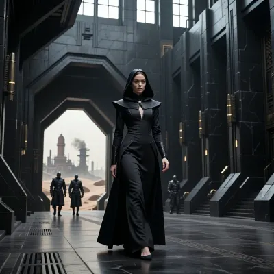 A cinematic, photorealistic portrait scene depicting a young Bene Gesserit witch of Harkonnen origin in the Dune universe, mid-twenties, walking through the monumental interior of a Harkonnen stronghold on Giedi Prime, on her way to a private audience with Baron Vladimir Harkonnen. She is strikingly beautiful in a cold, severe, aristocratic way, with very pale skin, refined angular features, dark intense eyes, and smooth black hair partly concealed beneath an austere Bene Gesserit hood and headdress. Her expression is calm, unreadable and controlled, projecting intelligence, discipline, danger, and absolute self-possession.

Her clothing combines traditional Bene Gesserit severity with subtle Harkonnen aesthetics, a long fitted black ceremonial gown of heavy matte fabric, structured high collar, layered black robes, narrow sleeves, minimal ornamentation, elegant but intimidating silhouette, no exposed armor, no obvious weapons. Small details hint at noble Harkonnen blood without making her look like a military officer.

She walks alone through a vast brutalist corridor inside the Harkonnen palace, surrounded by monumental black architecture, massive industrial walls, polished dark stone, exposed metal, severe geometric forms, enormous doorways, oppressive scale and almost no decoration. Through distant openings and high windows, the polluted industrial landscape of Giedi Prime is visible beneath its harsh pale sun, filled with enormous refinery structures, smoke, haze and black silhouettes.

Ahead of her stands the immense entrance to Baron Vladimir Harkonnen's audience chamber, guarded by distant Harkonnen soldiers. She is approaching the doors with deliberate confidence, fully aware that she is entering the presence of one of the most dangerous men in the Imperium. The atmosphere is oppressive, ceremonial and politically dangerous, suggesting hidden agendas, Bene Gesserit manipulation and Harkonnen brutality.

Full-body to three-quarter composition, camera slightly below eye level, she remains the clear focal point while the gigantic architecture emphasizes her isolation and confidence. Harsh monochromatic Giedi Prime lighting, pale diffuse sunlight, deep blacks, metallic reflections, volumetric haze, subtle film grain, realistic skin texture, realistic anatomy, extremely detailed fabric, cinematic depth of field, high-end science-fiction production design, restrained color palette, brutalist dystopian atmosphere, serious mature tone.