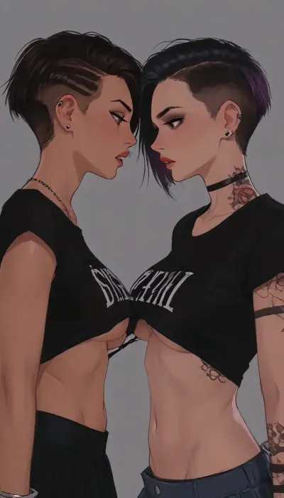 (side perspective), beautiful punk chick with a ripped t-shirt, frayed pleated miniskirt, piercings and tattoos, in a punk club, lesbian haircut, undercut hair, handcuffs, cleavage, back arched, angry, snarling, (hyper detailed), side boob, underboob, sideboob, large saggy breasts, no bra, (SamDoesArts:.9), drawing, (J_cartoon:1.3), (incase:.5), <lora:SDXLSamDoesArts:.5>, <lora:mk_Bp Anime_xl:.2>, <lora:EnvyAnimeDigitalPaintingXL01:.1>, <lora:ratatatat74-000050:.1>, <lora:J_cartoon:.1>