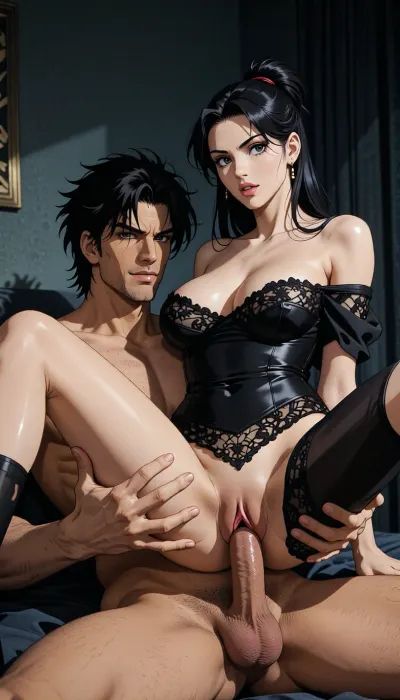 A 1990s Japanese anime cel screenshot from a hardboiled crime series. Traditional 2D hand-drawn artwork in the signature style of City Hunter, featuring elegant character designs with elongated, sculpted faces, sharp features, and highly expressive eyes with strong catchlights. Crisp, clean linework enhanced by ultra-precise contemporary digital inking, the scene centers on the theme "What's going on in a hotel room?"

The vintage 1990s anime aesthetic is elevated by intense, high-contrast cast shadows, creating a dark, nocturnal atmosphere. Dramatic retro cel shading with precise sharp-edged shadow lines and vivid specular highlights on hair and eyes, capturing the authentic hand-painted aesthetic of peak 1990s anime production. A saturated yet dark color palette, typical of retro late-night action series. Pure 2D rendering, blending vintage cel-animation nostalgia with the modern digital clarity of the 2020s. Feature-film animation quality, 8K resolution.

A handsome, muscular naked man with Ryo Saeba's signature features, a chiseled face, confident seductive smile, and voluminous, medium length, messy 90s anime hair with a parted spiky fringe..—is beneath a young woman who is straddling him, he is fucking her, his cock is perfectly positioned, and there is a clear view of the penetration. His hands are well positioned. She wears luxurious, provocative, and sexy lace lingerie, though her pussy is bare, her large, nippon animation-style eyes express intense pleasure. They are in a motel-style hotel room, embodying the fervor and passion of lovers.

A nocturnal, mysterious atmosphere in a hotel room shrouded in dim light. High-contrast cinematic indoor lighting, playing with chiaroscuro, sensuality, and the codes and design of retro detective anime, and 2D animation rendering.
