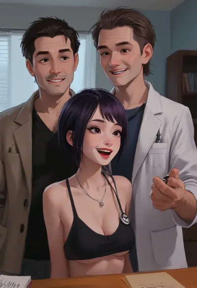 (side perspective), Sexy asian goth girl in doctor's office, her hands behind her back, cleavage, back arched, smiling, excited, (hyper detailed), (older doctor listening to her heart with a stethoscope), (man squeezing her breasts), (man is learning), (violet eyes), side boob, underboob, sideboob, large saggy breasts, no bra, (SamDoesArts:.9), drawing, (J_cartoon:1.3), (incase:.5), <lora:SDXLSamDoesArts:.5>, <lora:mk_Bp Anime_xl:.2>, <lora:EnvyAnimeDigitalPaintingXL01:.1>, <lora:ratatatat74-000050:.1>, <lora:J_cartoon:.1>