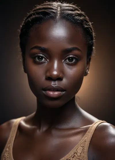 (realistic:1.2), 1girl, looking at viewer, (deep black skin tone:1.4), (ebony skin:1.3), (melanin rich:1.2), shiny skin, studio lighting, high contrast, dark aesthetic