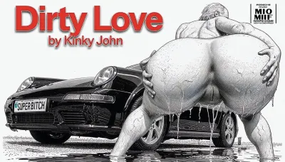 Magazine "Dirty Love by Kinky John" a elegant voluptuous older MILF Latex Domina with gigantic massive breasts, large ariolas, puffy nipples, standing by her black PORSCHE. a license plate, "SUPER BITCH", low angle, POV, (detailed pen and ink sketch:2), standing in a puddle of piss, wet skin, cuckold worship her tits. rear view, massive ass