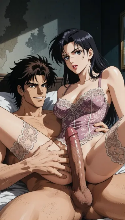 Pure japan animation drawing. A authentic 1990s Japanese anime cel. Pure traditional 2D hand-drawn artwork in the style of City Hunter, featuring character designs with elongated, sculpted faces, sharp features, and expressive eyes. Classic physical ink lines on hand-painted acetate celluloid, the scene centers on the theme "What's going on in a hotel room?" .

The true 1990s anime aesthetic is defined by heavy, high-contrast shadow blocks, creating a dark, nocturnal atmosphere. Authentic vintage cel shading with hard-edged paint lines, Hand-painted retro anime background, vintage painted gouache scenery on paper, soft watercolor textures, flat hand-drawn matte background, vintage matte painting style. Saturated late-night color palette. Pure 1990s cel animation production frame. Pure vintage animation style, backgrounds is drawn with ink and painted with gouache.

In a Room stripped of all ornamentation in the style of traditional animation, a strong, muscular naked man— drawing like Ryo Saeba from detective animation *City Hunter*, Voluminous, dark brown, messy, layered 1990s anime hair with a parted fringe and charming smile. He's lying under a woman. The dark hair woman is straddling him and is fucked, his enormous, excessive, cock is perfectly positioned. His strong hand is well positioned. The pénétration is explicit, with view on the cock in vagina. She is wearing luxurious lace lingerie, her large, nippon animation-style eyes express intense pleasure. Body are drawing in 2D, zero 3D, zero CGI.

A nocturnal, mysterious atmosphere. High-contrast indoor atmosphere, playing with chiaroscuro, sensuality, and the codes of vintage detective anime.