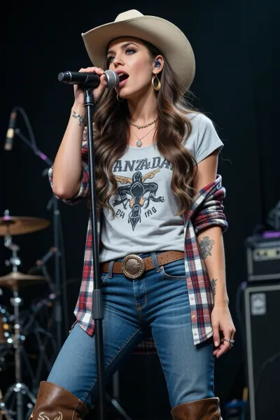 (masterpiece, best quality), 1 Canadian 30yo woman, famous country singer, (she wears a light grey t-shirt with western print, open checked shirt, blue jeans, Stetson hat, boots), (long wavy brunette hair), bright blue eyes, subtle delicate tattoos, big earrings, necklaces, she is standing on a concert stage with microphone and sings powerfully and with great concentration, photorealism