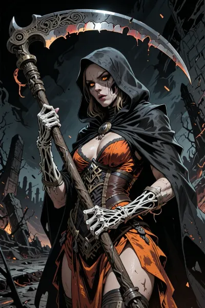 (Dark Fantasy Artwork), low angle, an illustration, with bold expressive lines, shading. colored lines. 40 yo. death, occult, Armageddon, cruel, eerie, ancient large scythe, hot dress, cloak, hood, natural beauty. Detailed dark fantasy artwork, dark gritty apocalyptic lighting, gritty artwork, realistic anatomy, believable skin texture, detailed hands, detailed fingers, detailed eyes, high quality colored ink illustration, highly detailed, dark fantasy art, dark doomed atmosphere.