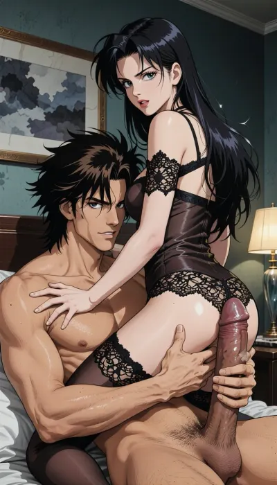 Pure japan animation drawing. A authentic 1990s Japanese anime cel screenshot from a hardboiled crime OVA. Pure traditional 2D hand-drawn artwork in the iconic style of City Hunter, featuring character designs with elongated, sculpted faces, sharp features, and expressive eyes with hand-painted catchlights. Classic physical ink lines on hand-painted acetate celluloid, the scene centers on the theme "What's going on in a hotel room?" .

The true 1990s anime aesthetic is defined by heavy, high-contrast shadow blocks, creating a dark, nocturnal atmosphere. Authentic vintage cel shading with hard-edged paint lines, specular hair highlights, Hand-painted retro anime background, vintage painted gouache scenery on paper, soft watercolor textures, flat hand-drawn matte background, vintage matte painting style. Rich, saturated late-night color palette. Pure 1990s cel animation production frame.

A strong, muscular naked man— drawing like Ryo Saeba from detective animation *City Hunter*, Voluminous mid-length, dark brown, messy, layered 1990s anime hair with a parted fringe and charming smile—is beneath a dark hair young woman who is straddling him, his large, enormous cock is perfectly positioned. She holds the monstruous cock. His strong hands are well positioned. She is wearing luxurious lace lingerie, her large, nippon animation-style eyes express intense pleasure. Body are drawing in 2D, zero 3D, zero CGI. They are in a motel-style hotel room.

A nocturnal, mysterious atmosphere in a hotel room shrouded in dim light. High-contrast cinematic indoor lighting, playing with chiaroscuro, sensuality, and the codes of retro detective anime.
