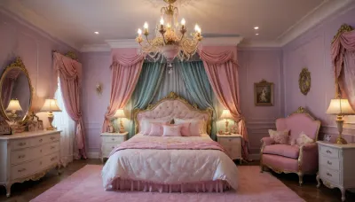 A bedroom decorated in shades of pink, in a princess-themed style